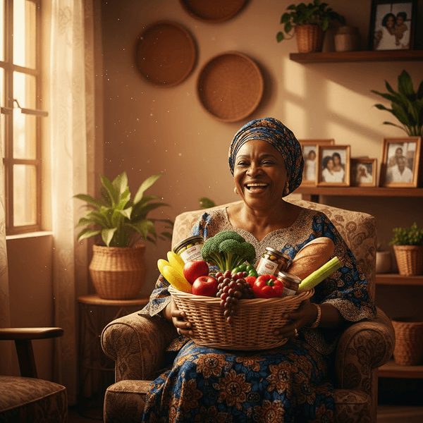 Smiling mother holding a gift basket